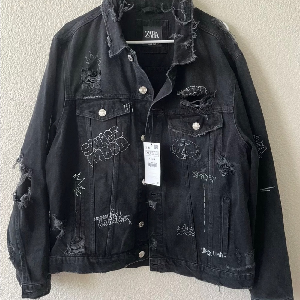 ZARA MAN Button Black Denim Rip Torn Print Art Jacket Mens Sz XL